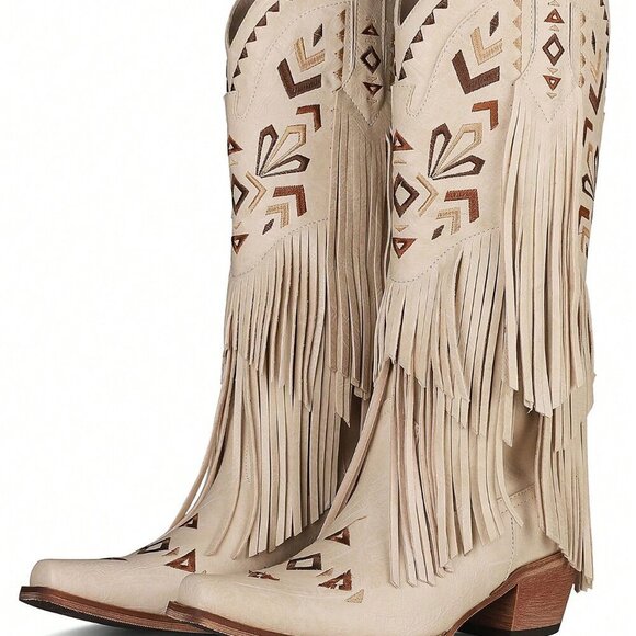 Beige Bohemian Women's Fringe Tassel Cowgirl Western Chunky High Heels  Boots - Picture 6 of 6